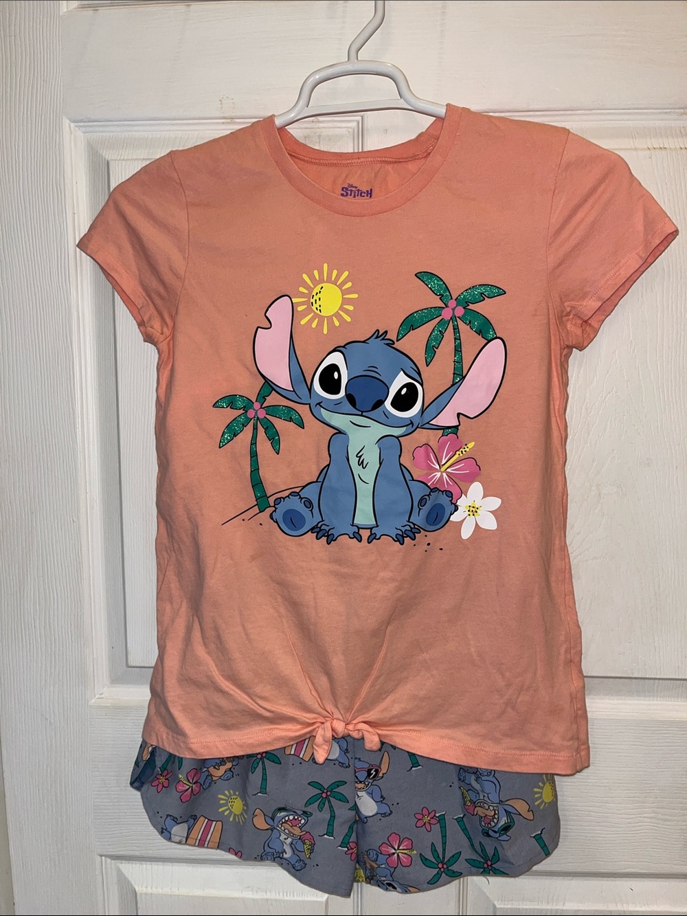 Disney Stitch Peach Tie-Front Tee and Matching Shorts Set